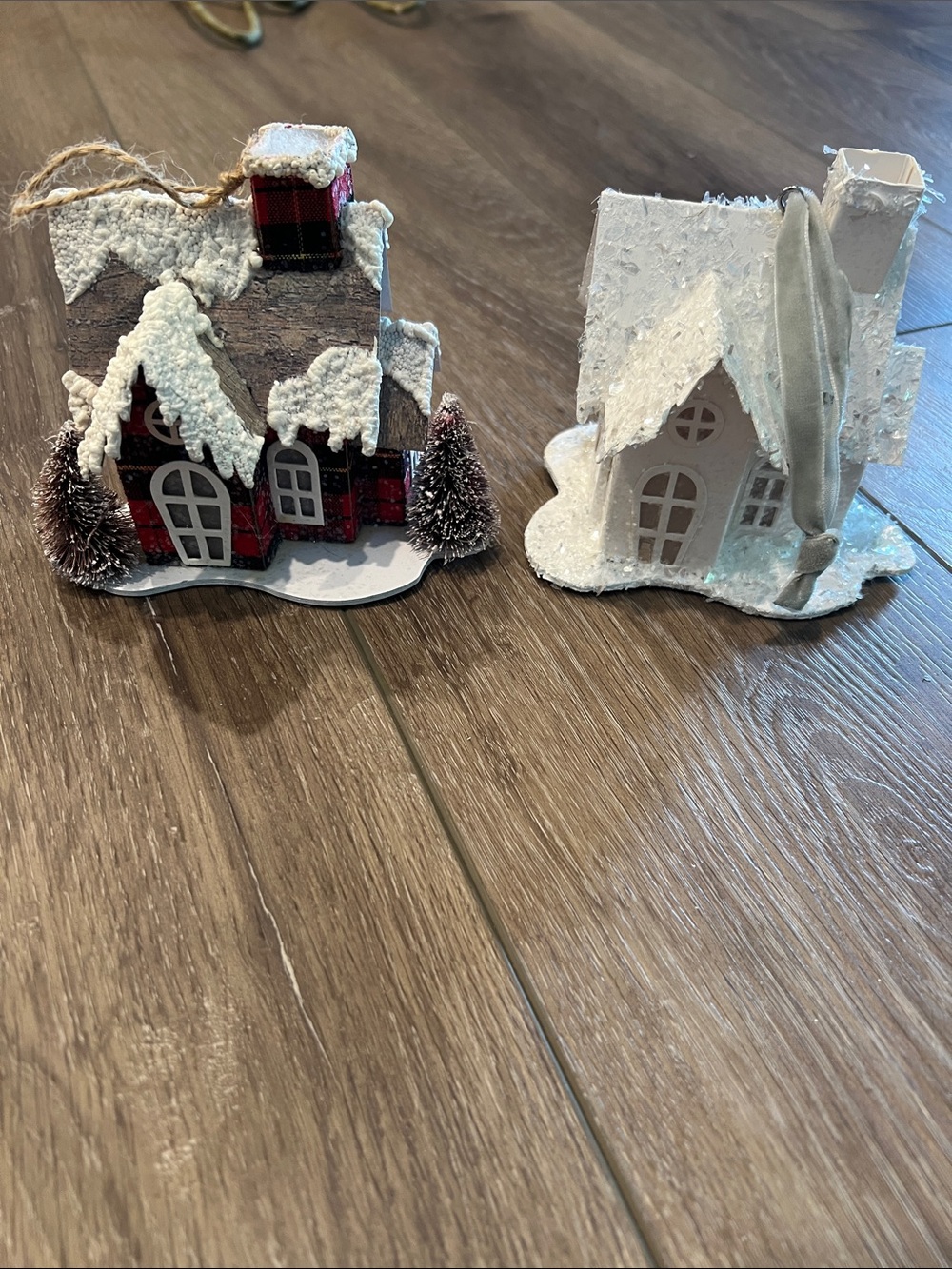 Holiday Decorative Snowy House Ornaments - Red Plaid & White